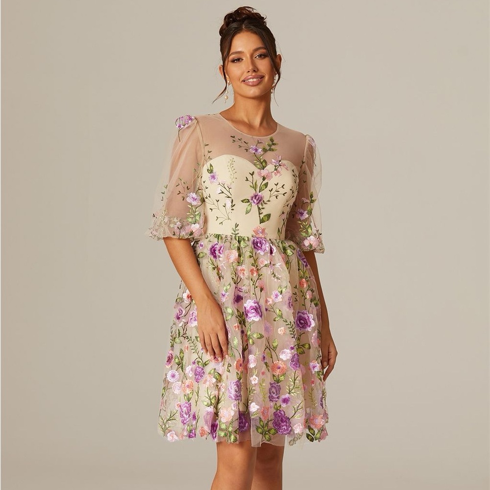 Bridal Bridesmaid Prom Tea Garden Party Floral Tulle A Line Dress New 8